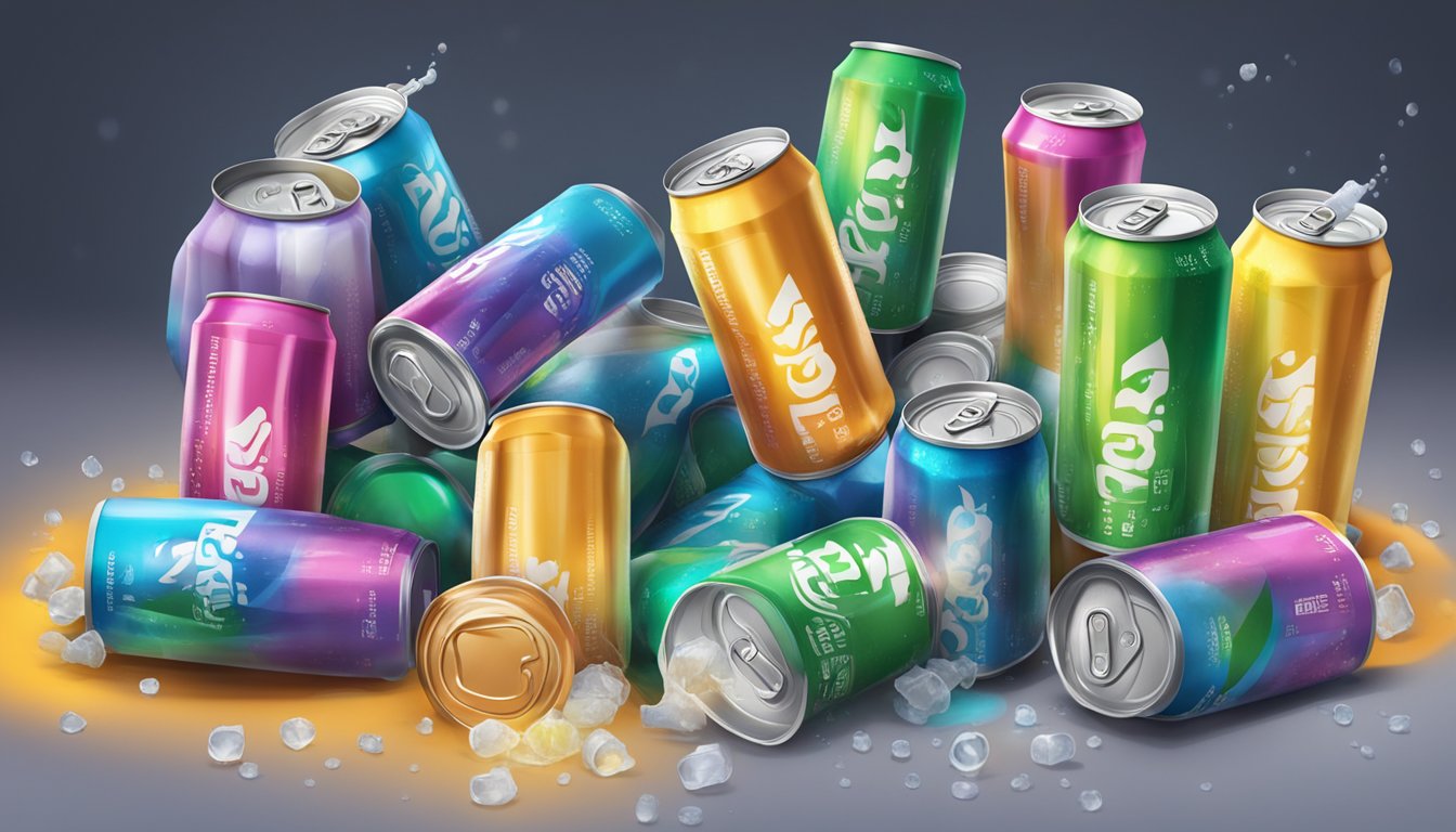 A table with multiple empty ghost energy drink cans scattered around, with one can overflowing with bubbling liquid