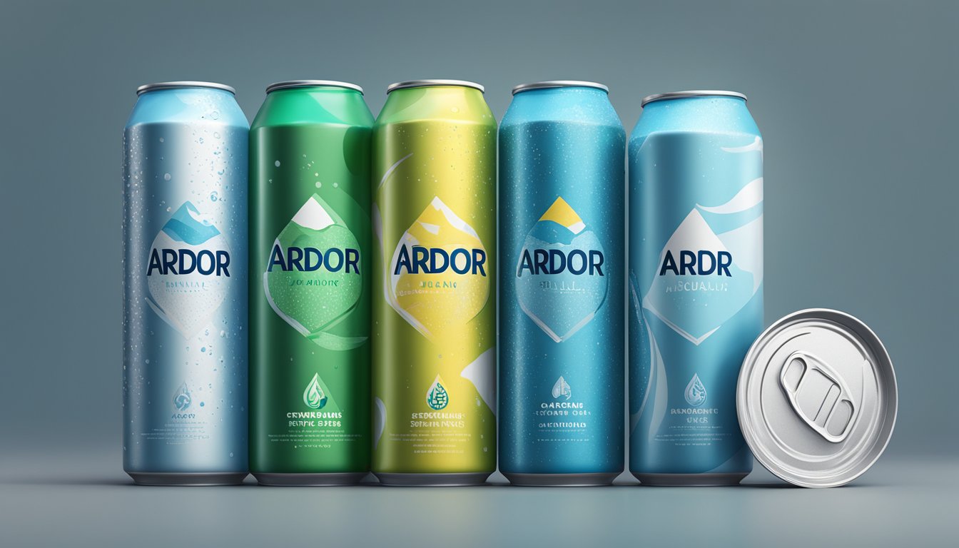 A stack of empty Ardor Sparkling Water cans piling up next to a recycling bin