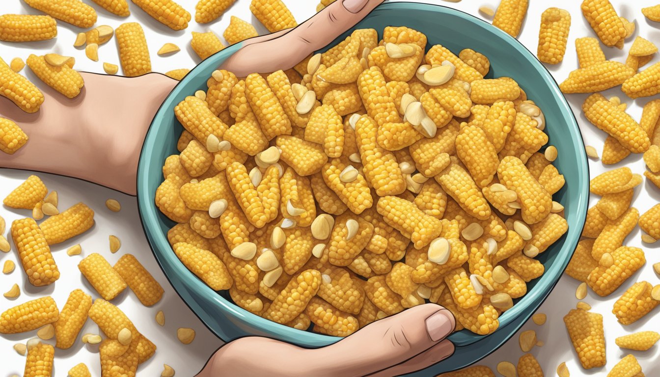 A pile of love corn snacks overflowing from a bowl, with a hand reaching out for more