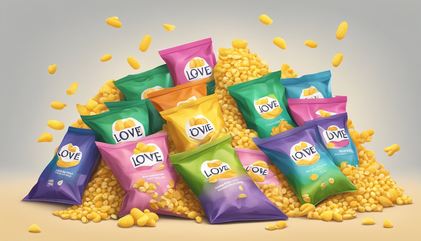 A pile of empty love corn snack bags surrounded by a single untouched bag, indicating excessive consumption