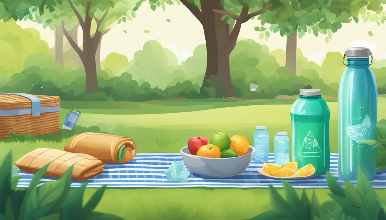 A serene park setting with a picnic blanket, reusable water bottles, and a clear recycling bin surrounded by lush greenery and a sparkling water advertisement