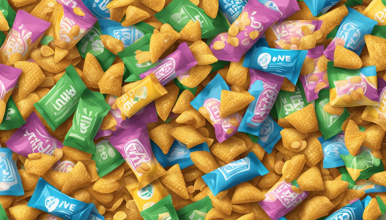 A pile of Love Corn snacks overflowing from a bowl, with empty bags scattered around, indicating excessive consumption