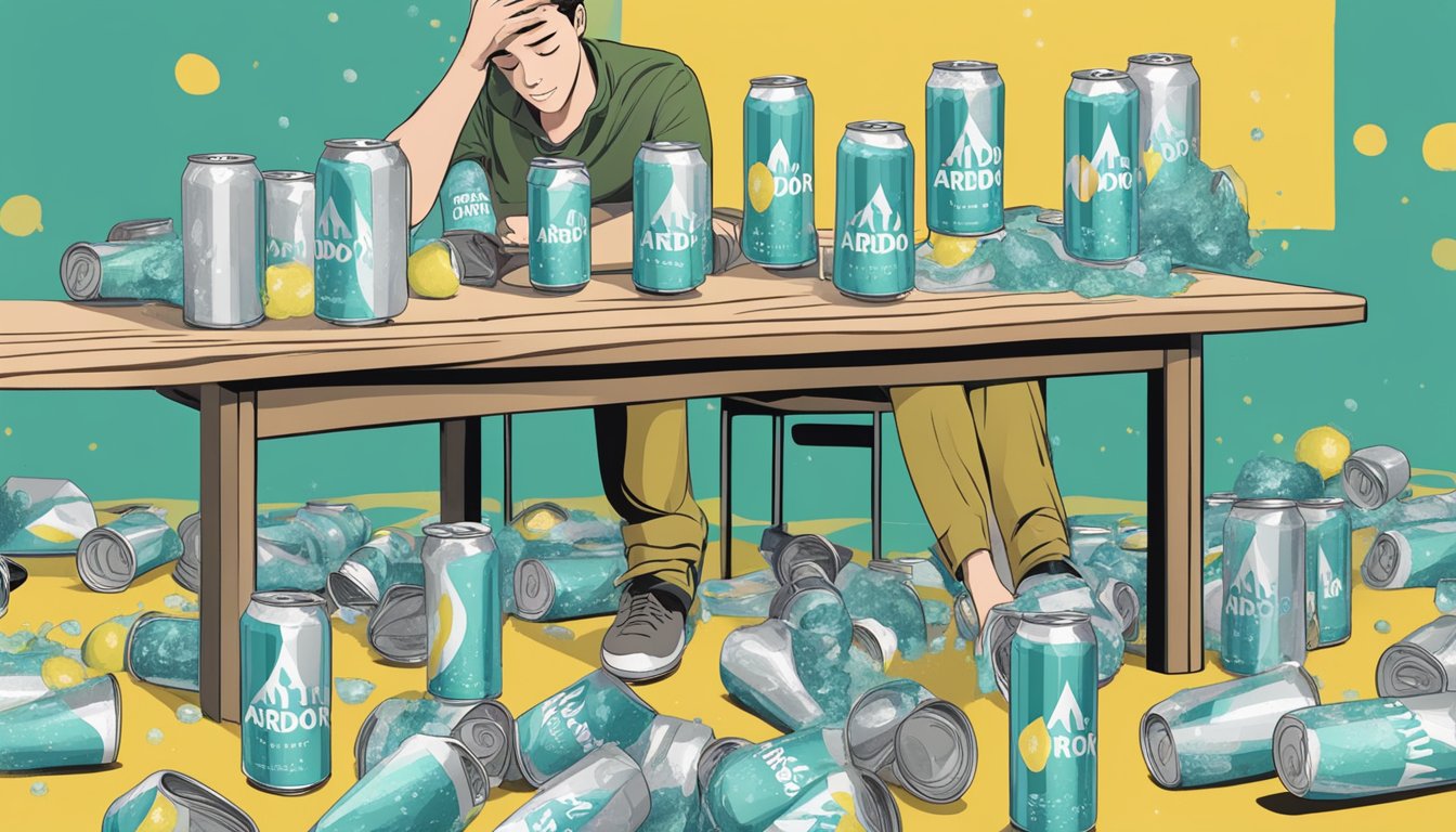 A table with multiple empty and half-empty cans of Ardor sparkling water scattered around, with a person looking overwhelmed by the amount