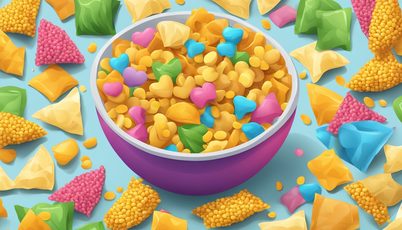 A colorful bowl overflowing with love corn snacks, surrounded by empty snack bags