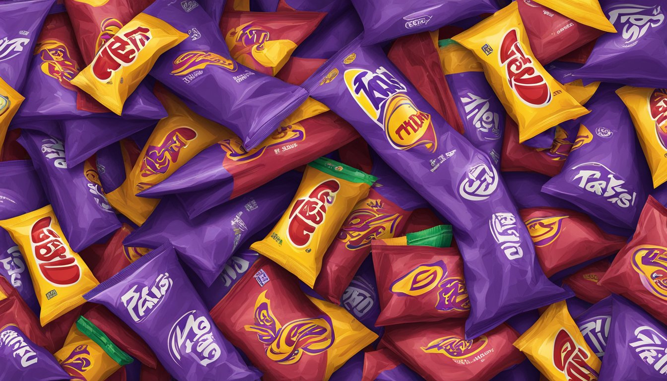 A pile of empty Takis bags surrounding a half-eaten family-sized bag