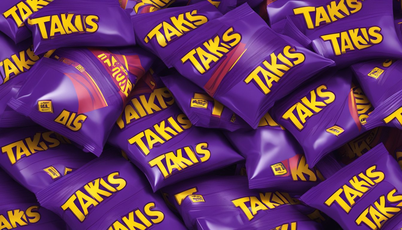 A pile of Takis bags stacked high, with a warning label in the background