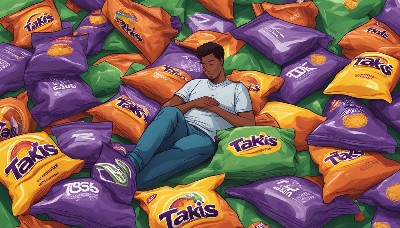 A pile of empty Takis bags surrounds a person slumped over, clutching their stomach in discomfort