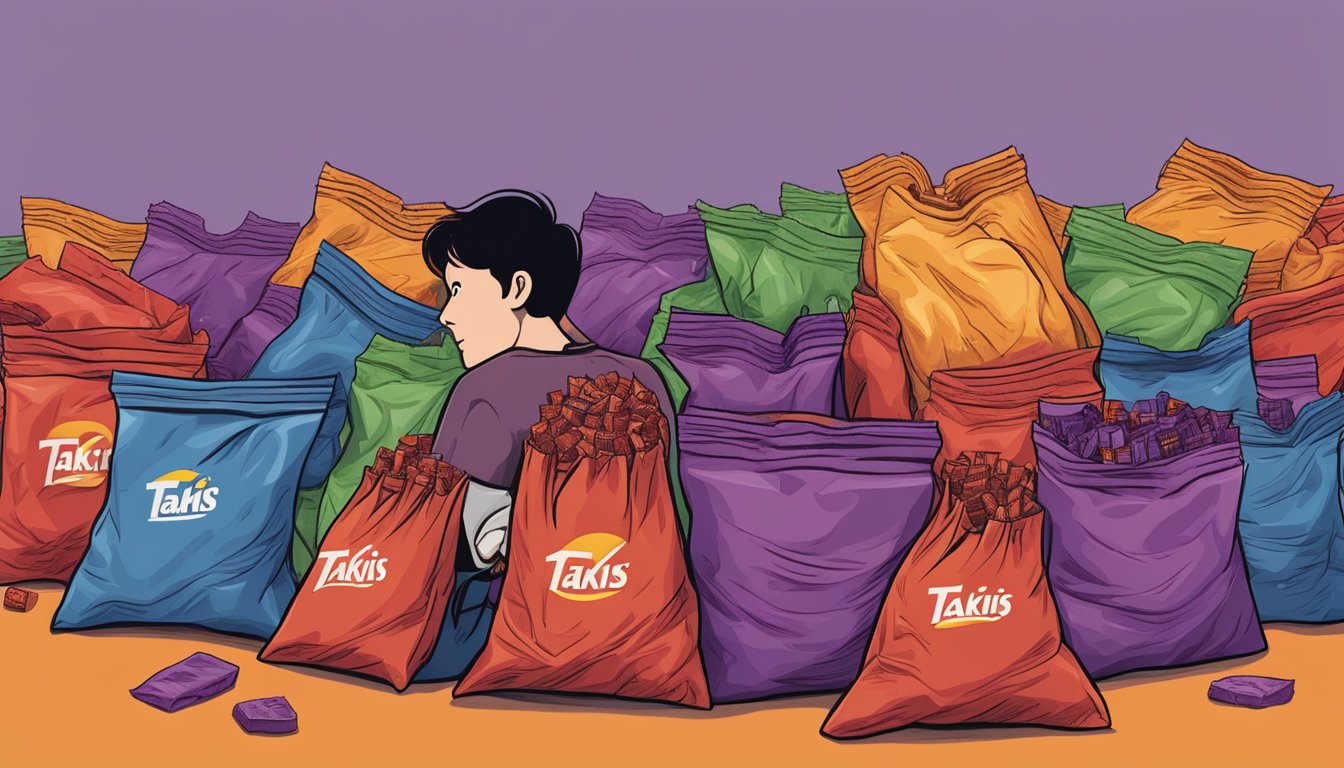 A person surrounded by empty Takis bags, with a pile of uneaten Takis in front of them, looking overwhelmed