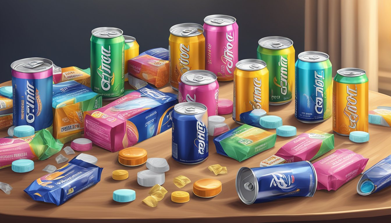 A table with multiple empty cans of Gorgie energy drink, a pile of sugar packets, and a stack of caffeine pills