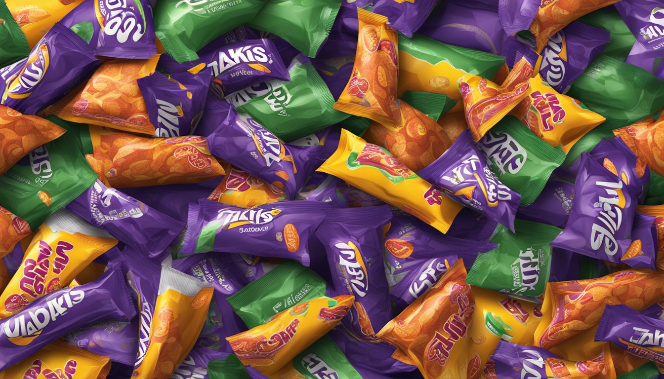 A pile of Takis snacks overflowing from a large bowl, surrounded by empty snack wrappers