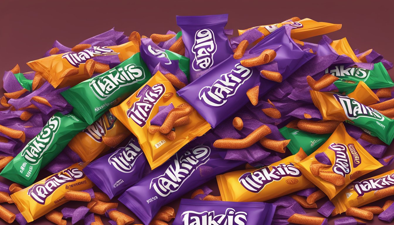 A pile of Takis spilling out of an overflowing bag, surrounded by empty wrappers