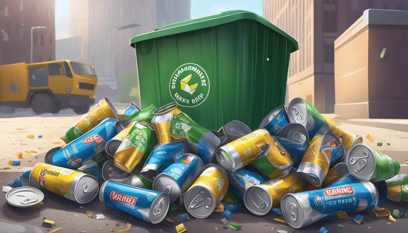 A pile of empty Gorgie energy drink cans overflowing from a trash bin, scattered on the ground, with a warning label in the background