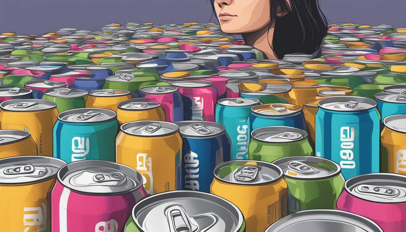 A person surrounded by empty Gorgie Energy Drink cans, with a look of discomfort and unease