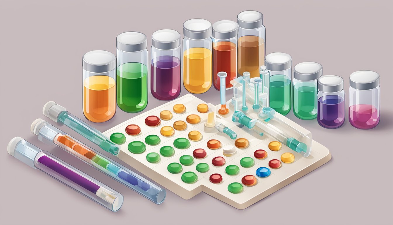 A laboratory table with various vials and test tubes containing different levels of vitamin K, alongside a chart showing blood clotting efficiency