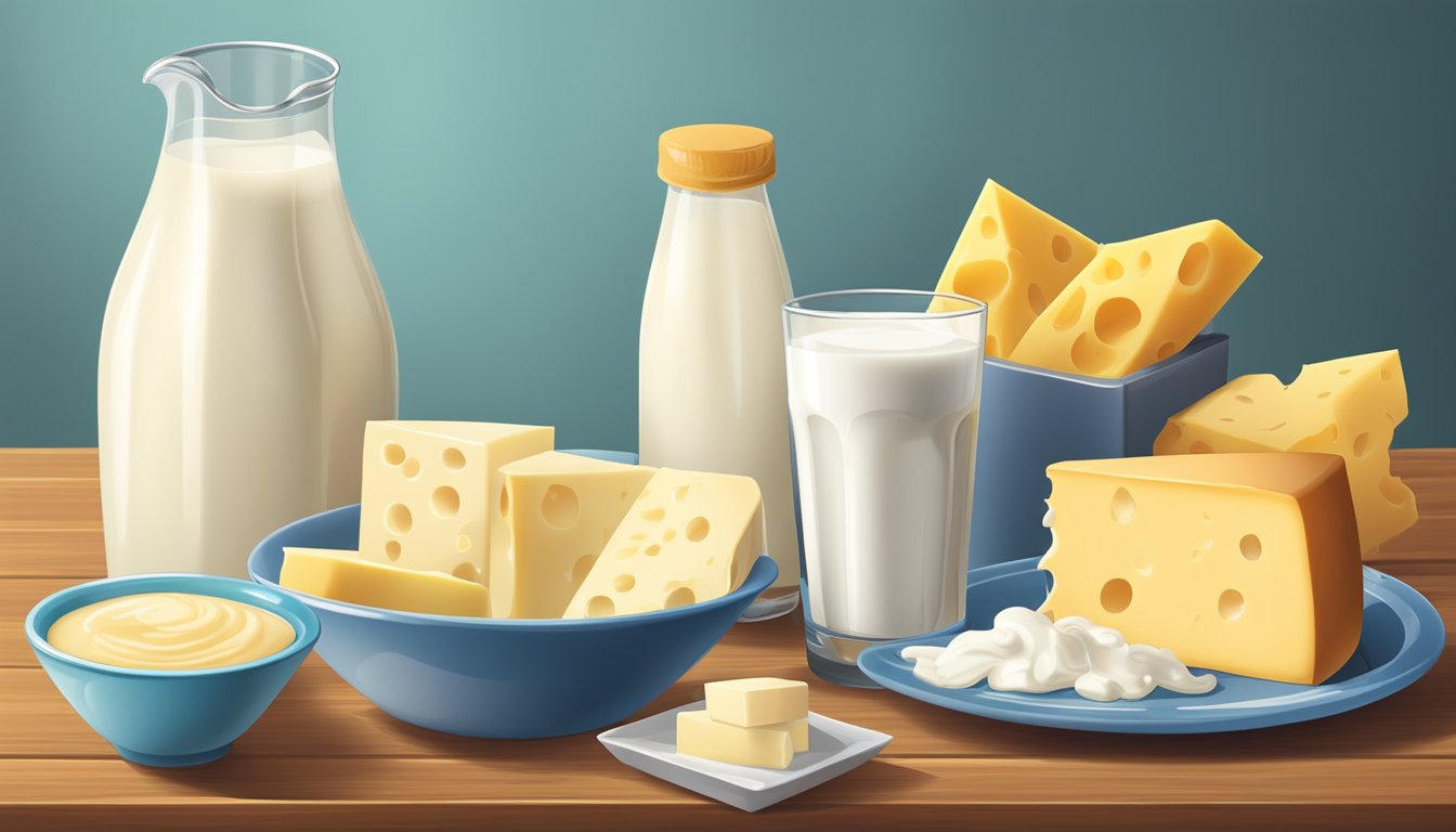 A glass of milk surrounded by a variety of dairy products, such as cheese, yogurt, and butter, on a wooden table. A measuring cup filled with milk sits next to the glass