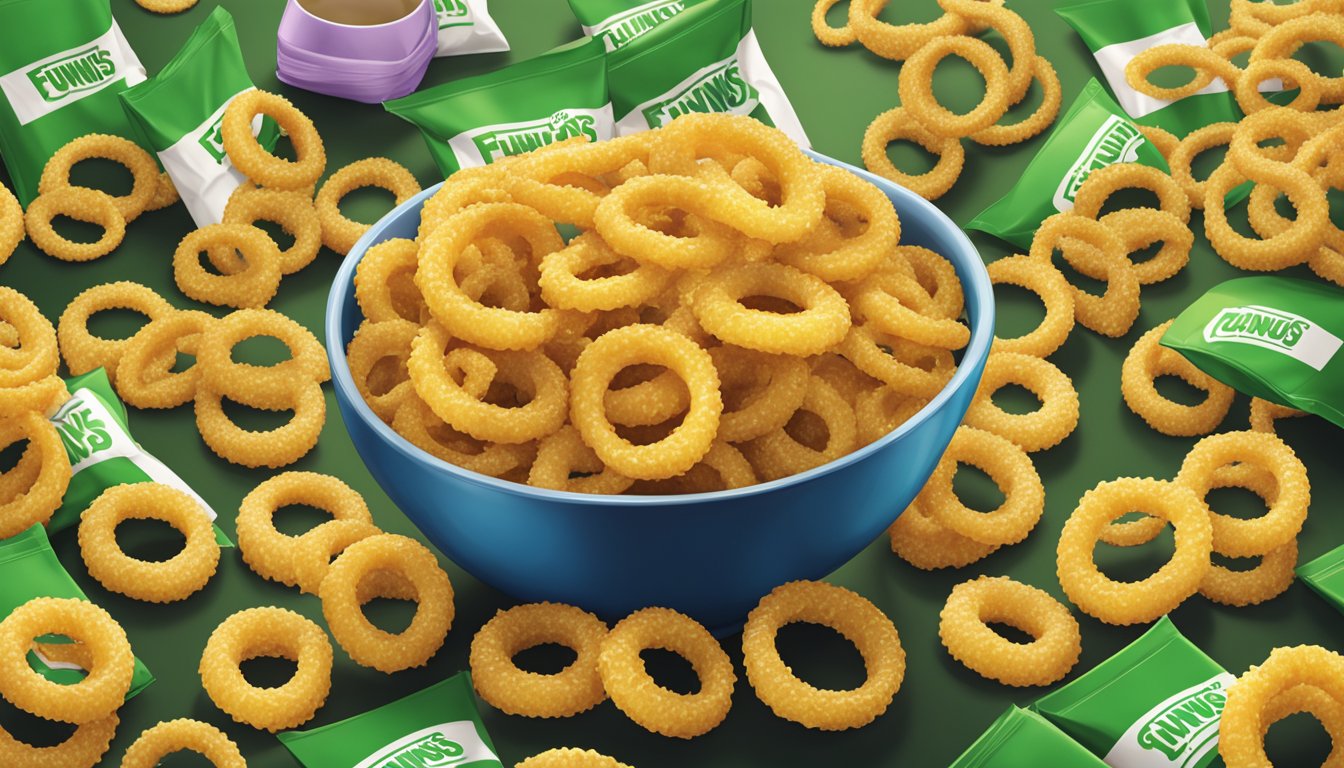 A pile of Funyuns onion flavored rings overflowing from a bowl onto a table, surrounded by empty bags