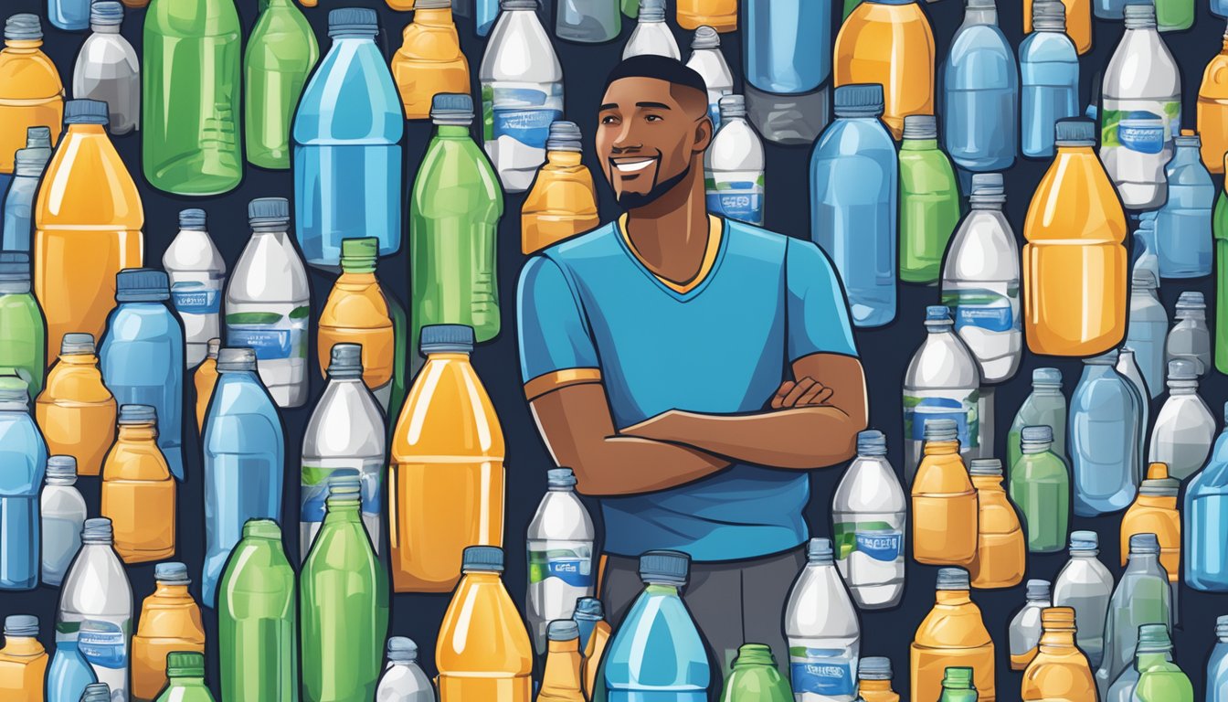 A person surrounded by multiple empty bottles of Propel sports drinking water