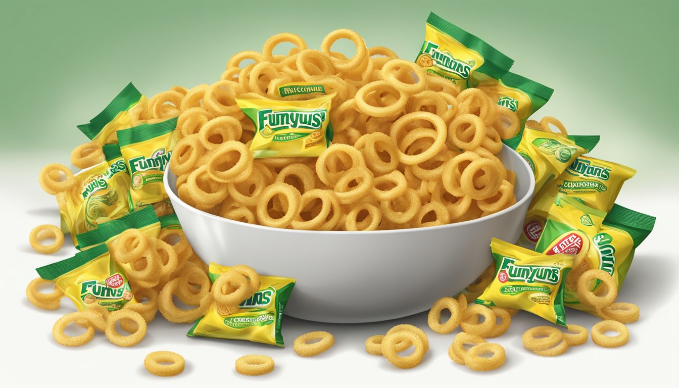 A pile of Funyuns onion flavored rings overflowing from a bowl, surrounded by empty snack bags