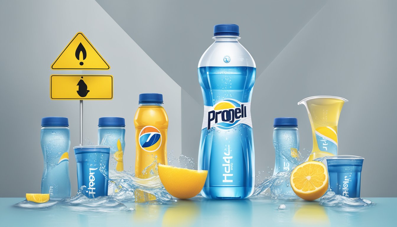 A table with multiple bottles of Propel sports drinking water, surrounded by caution signs and a measuring cup overflowing with water