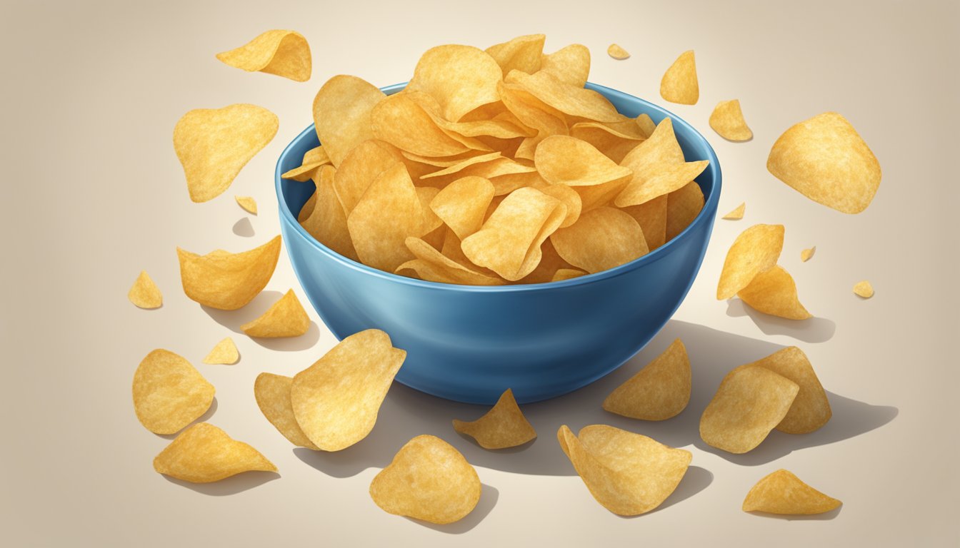 A bowl overflowing with Boulder Canyon Potato Chips, scattered around a crumpled empty bag