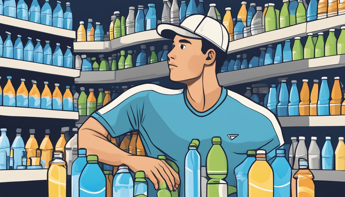 A person with multiple bottles of Propel sports drinking water, surrounded by empty bottles, looking overwhelmed