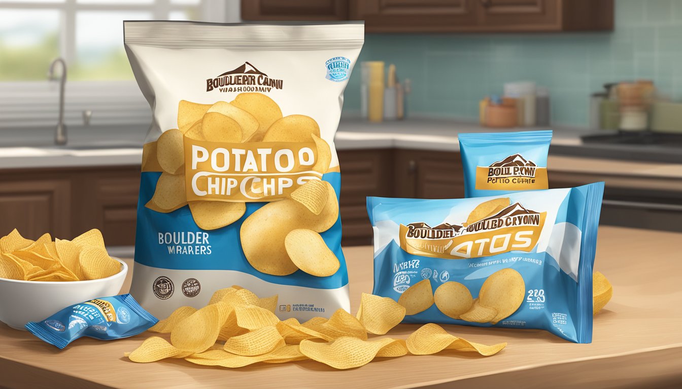 A family-sized bag of Boulder Canyon potato chips sits empty on the kitchen counter, surrounded by discarded snack wrappers