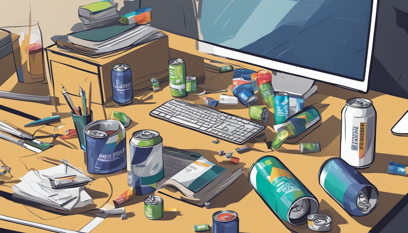 A cluttered desk with empty energy drink cans scattered around, a half-finished can, and a person looking fatigued