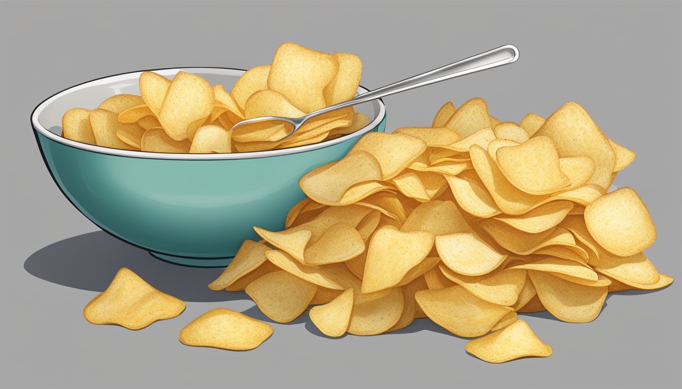 A pile of Boulder Canyon potato chips overflowing from a large bowl, with a measuring cup next to it