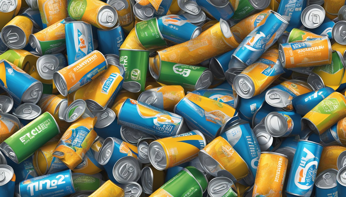 A mountain of empty Colorado Crush energy drink cans, overflowing from a recycling bin, surrounded by warning labels and caution signs