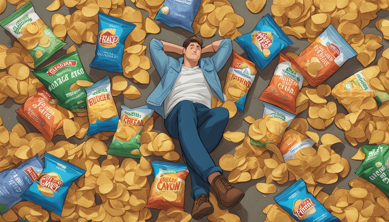 A pile of empty Boulder Canyon potato chip bags scattered around a person slumped on the couch, surrounded by more bags and a large bowl of chips