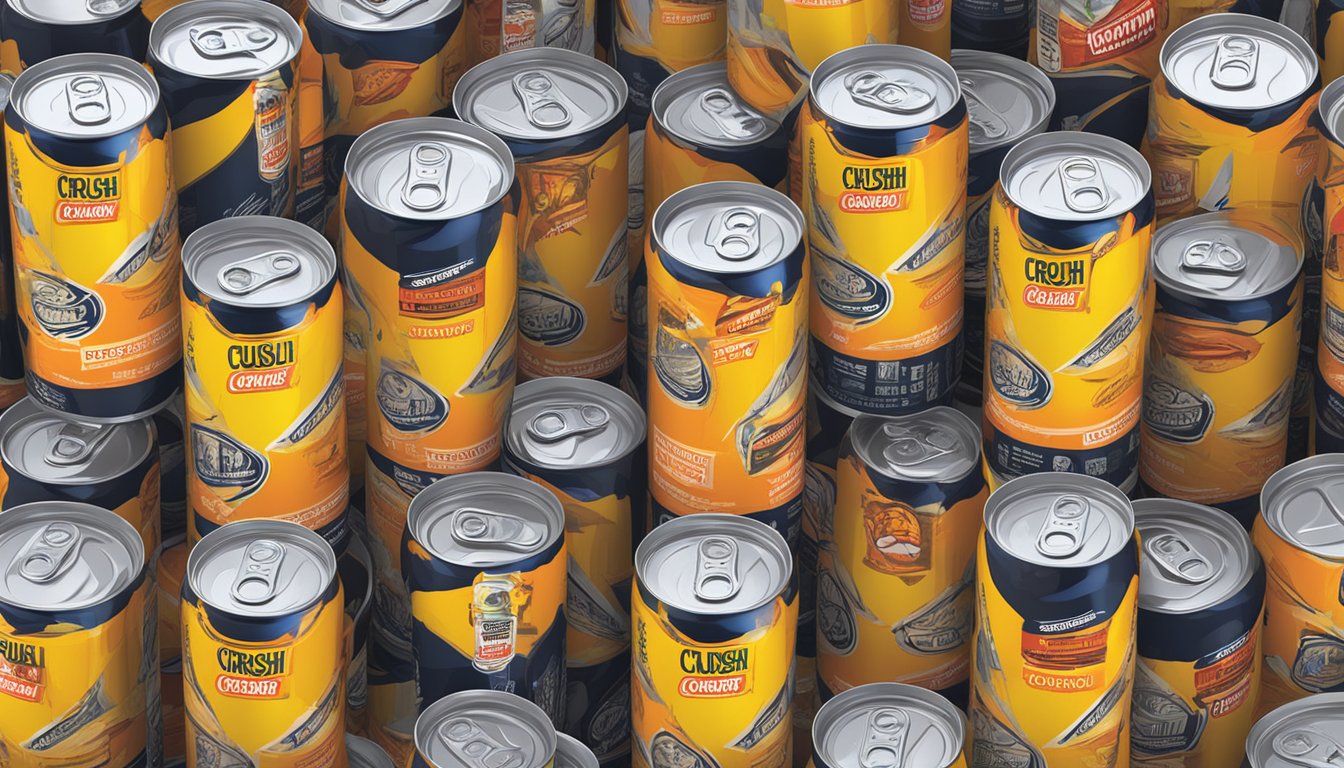 A pile of empty Colorado Crush Energy Drink cans stacked high, surrounded by caution signs and warning labels