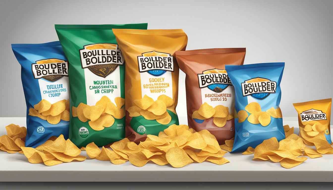 A table with multiple bags of Boulder Canyon potato chips, some empty, surrounded by discarded chip wrappers