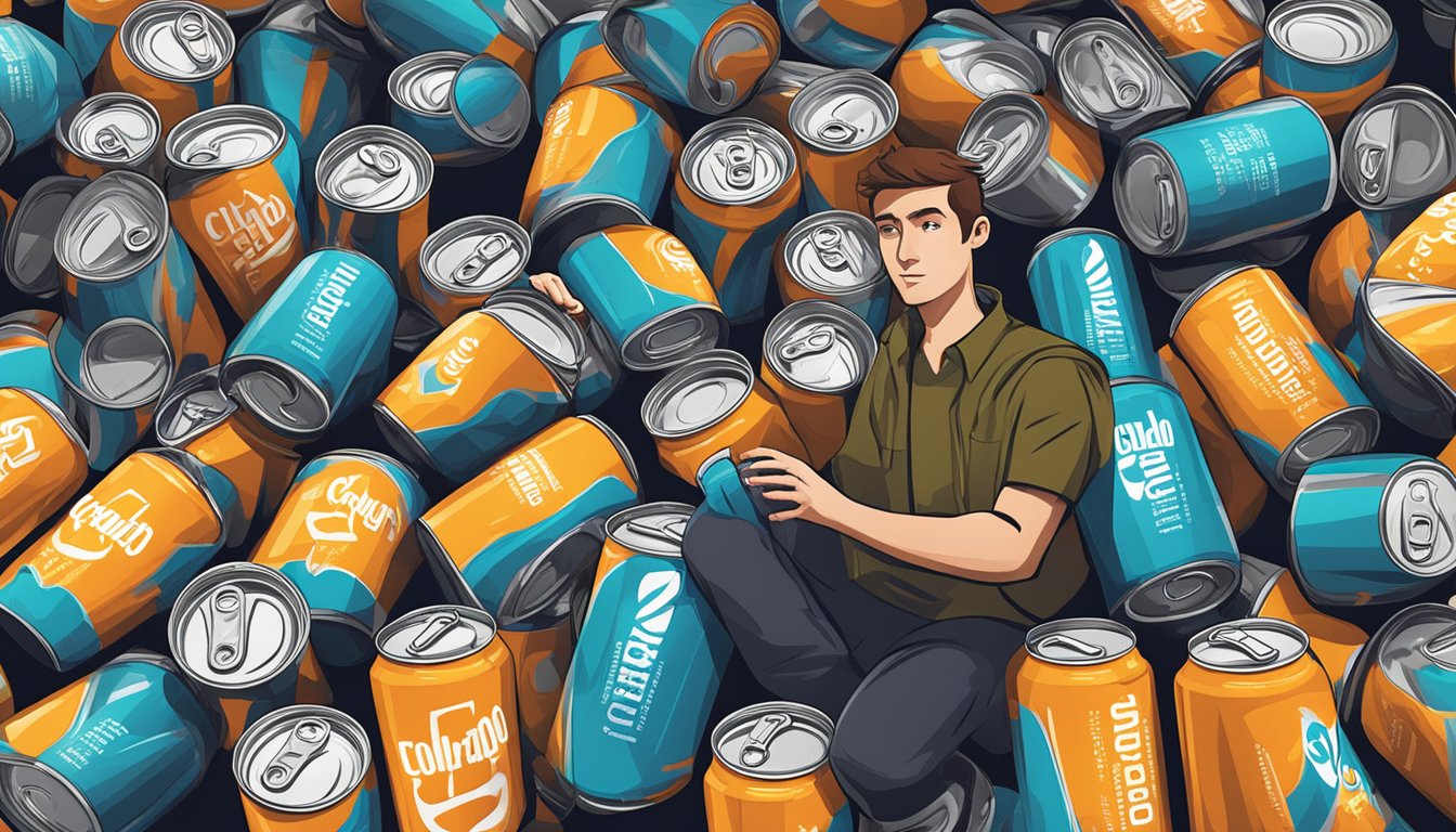 A person surrounded by empty Colorado Crush energy drink cans, with a pile of unopened cans nearby