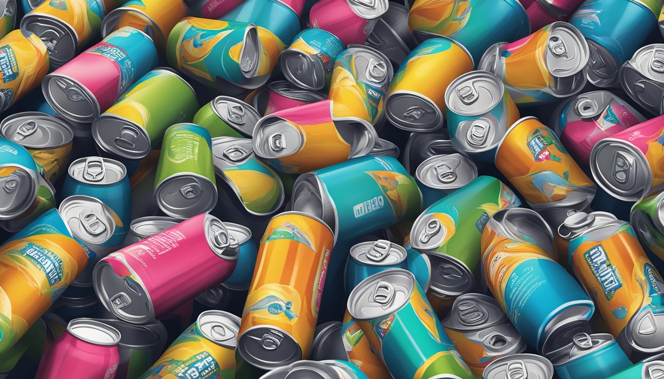 A person surrounded by empty Colorado Crush energy drink cans, looking jittery and unable to focus on tasks