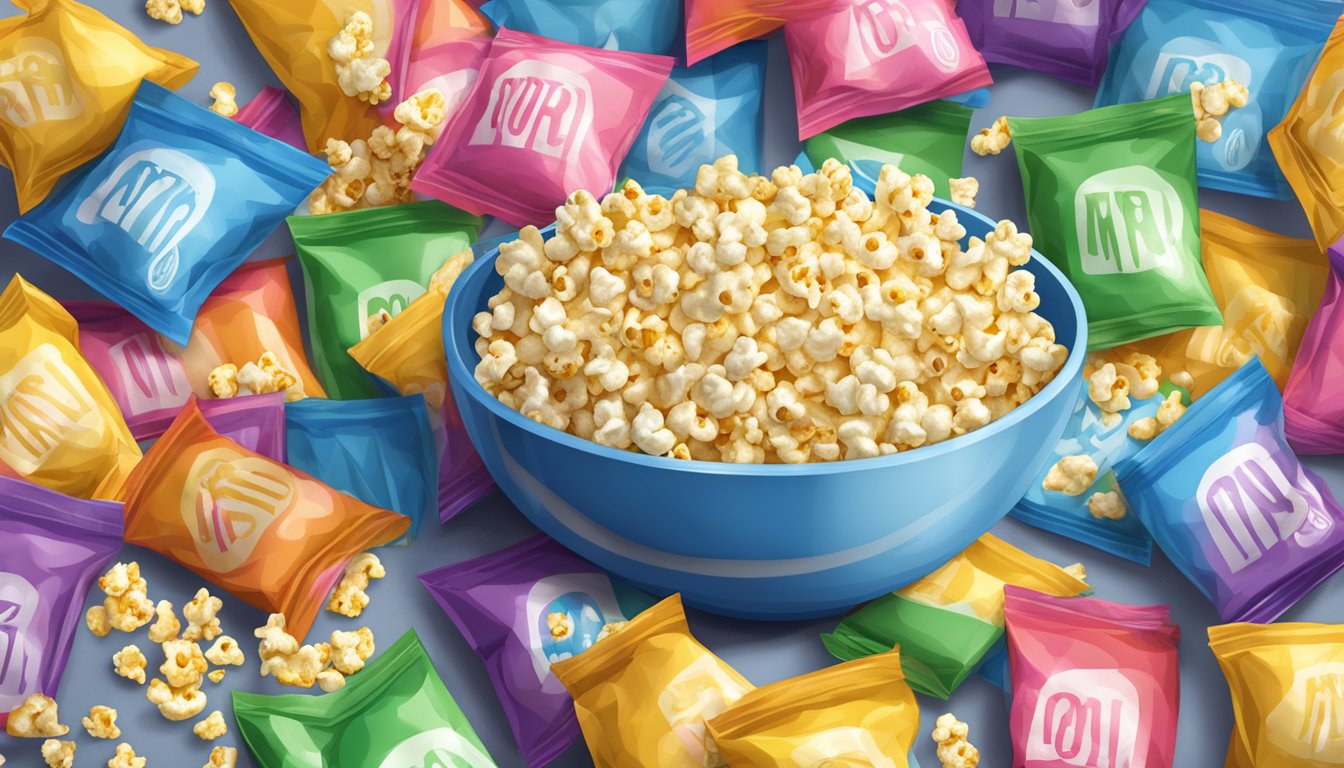 A bowl of Popcorners overflowing with popcorn, surrounded by empty bags