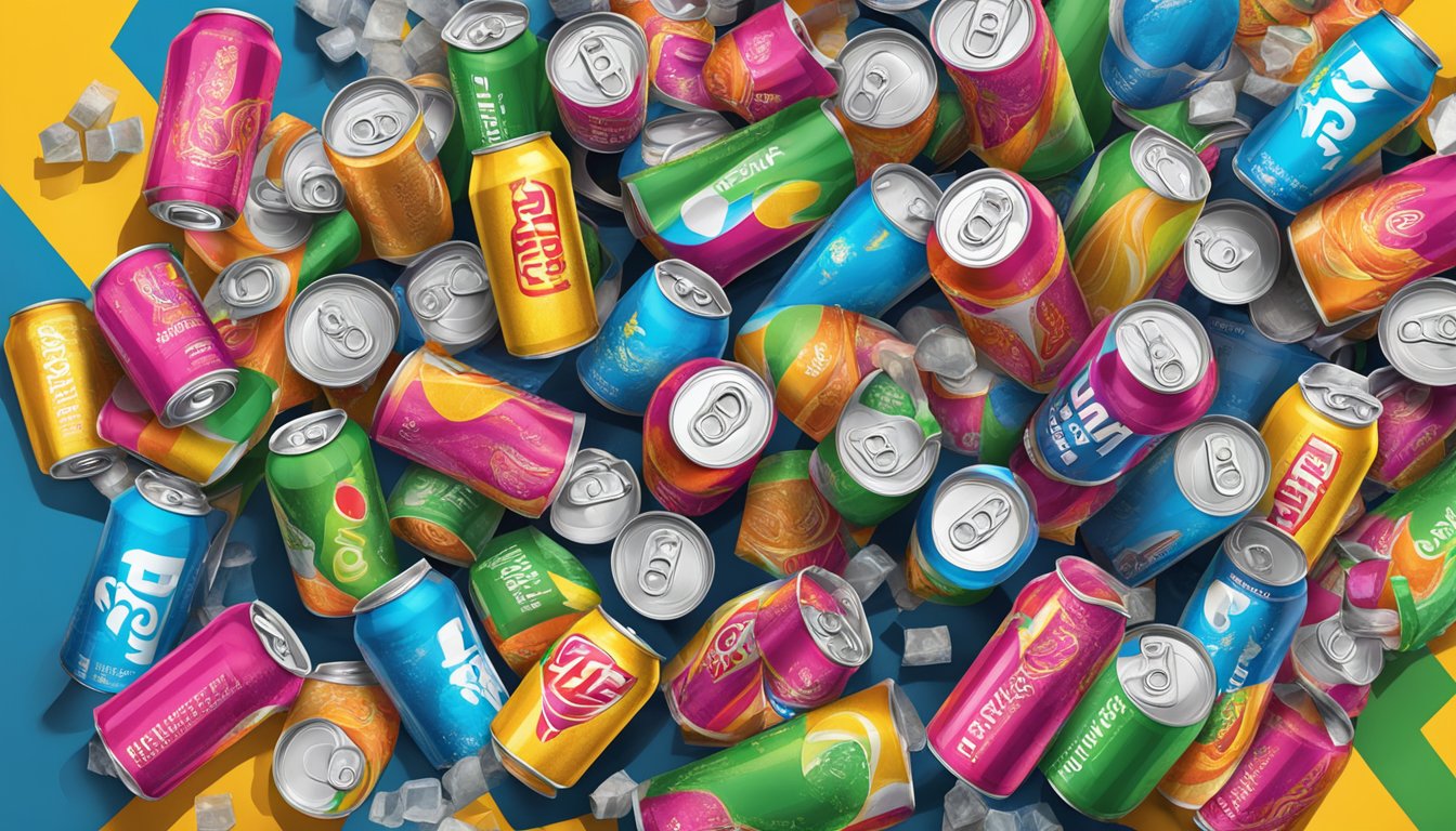 A table cluttered with empty Colorado Crush energy drink cans and various other substances, with a sense of chaos and excess