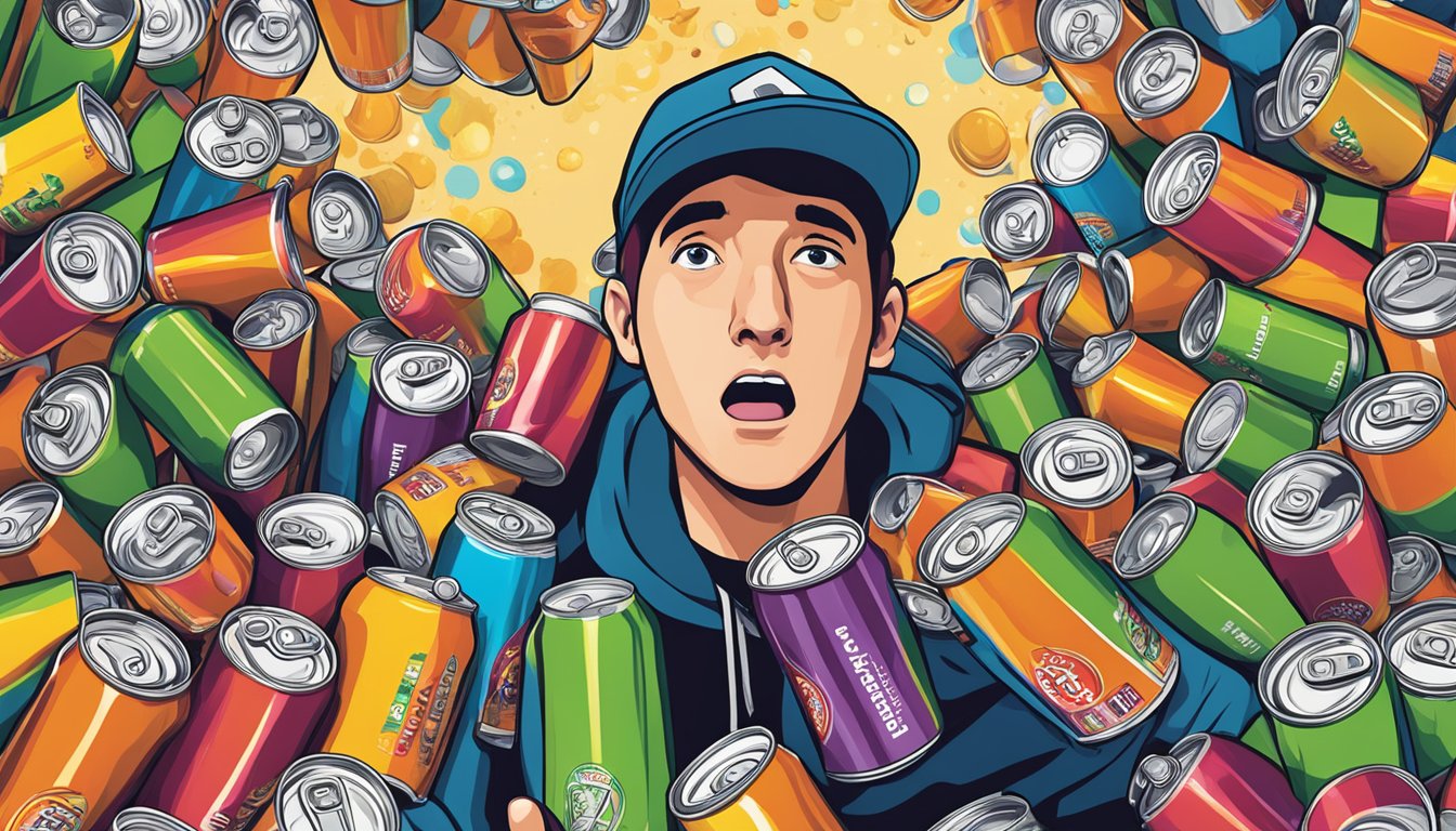 A person surrounded by empty Colorado Crush energy drink cans, looking overwhelmed