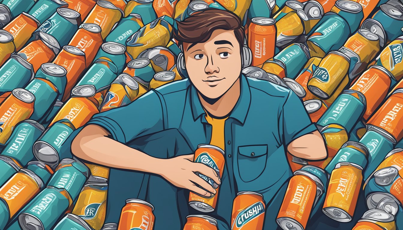 A person surrounded by empty Colorado Crush energy drink cans, looking overwhelmed