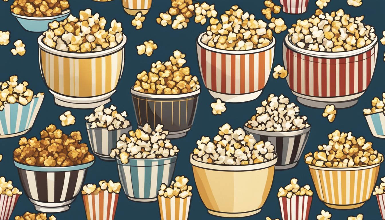 A bowl of various popcorn types, including classic, caramel, and kettle corn, arranged in a visually appealing manner