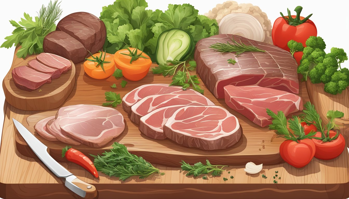 A variety of lean meats arranged on a cutting board with vegetables and herbs, showcasing the nutritional profile of each type