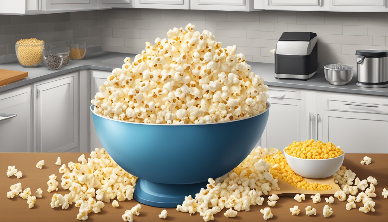 A large bowl of popcorn overflowing with multiple servings, surrounded by empty popcorn bags and a popcorn maker on a kitchen counter