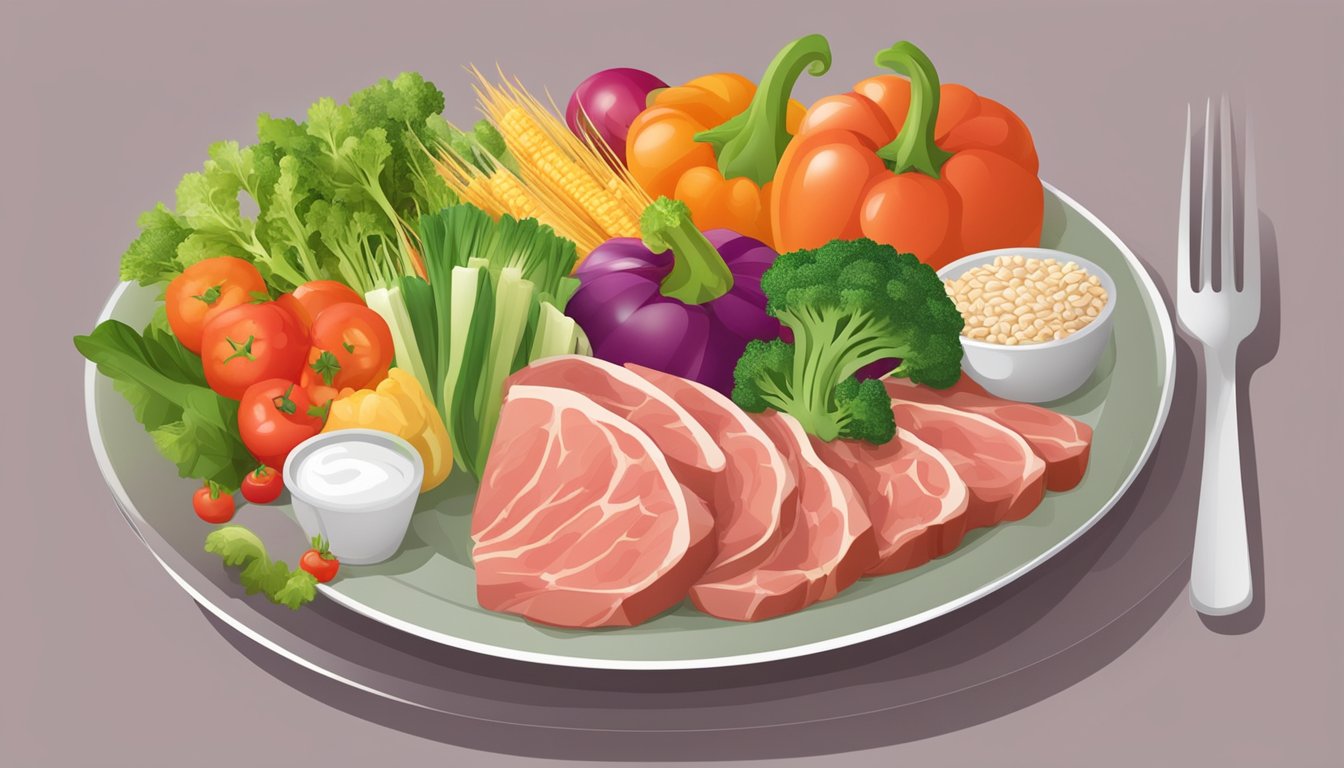 A plate with a portion of lean meat next to a variety of colorful vegetables and grains, symbolizing a balanced diet