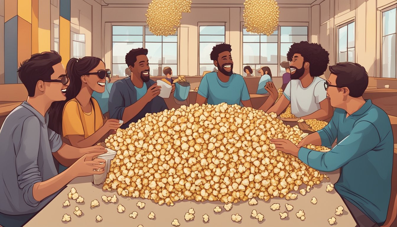 A table with overflowing popcorn bowls, scattered empty bags, and a group of people chatting and laughing, surrounded by popcorn-themed decorations