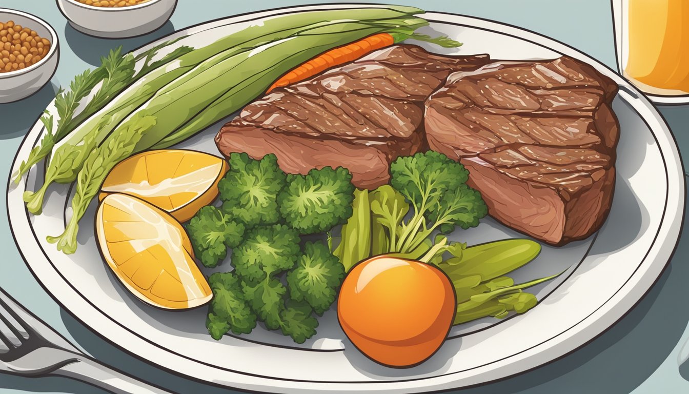 A plate with a balanced meal including a portion of lean meat, accompanied by vegetables and grains