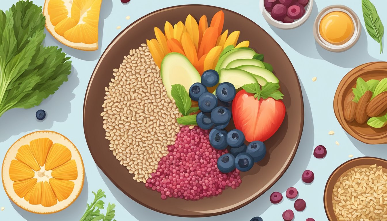 A colorful plate with a variety of whole grains, such as quinoa, brown rice, and oats, surrounded by vibrant fruits and vegetables