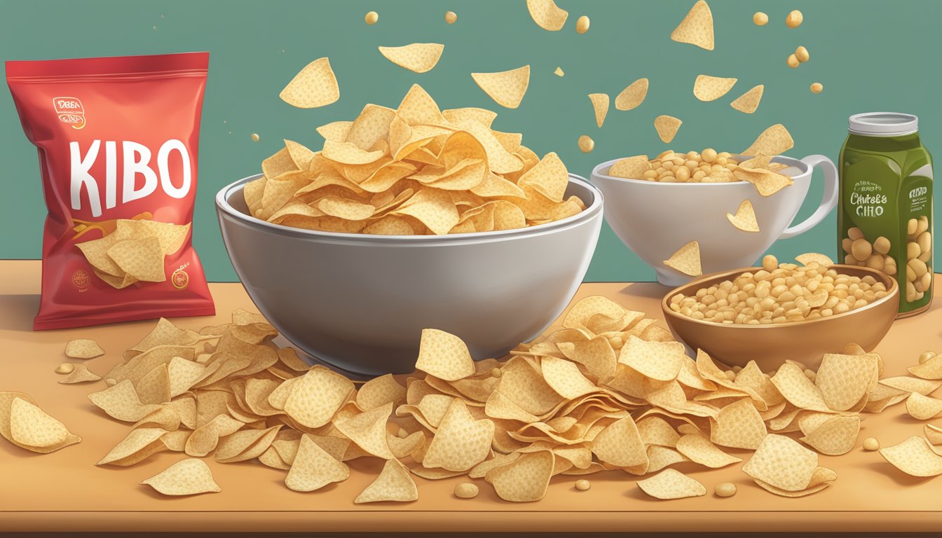 A bowl overflowing with Kibo chickpea chips, spilling onto the table, with a pile of empty chip bags nearby