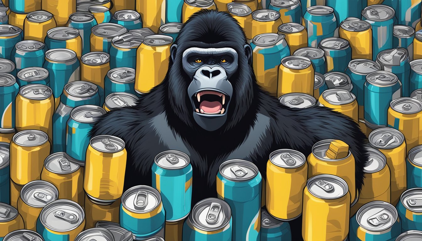 A gorilla surrounded by empty energy drink cans, looking jittery and agitated