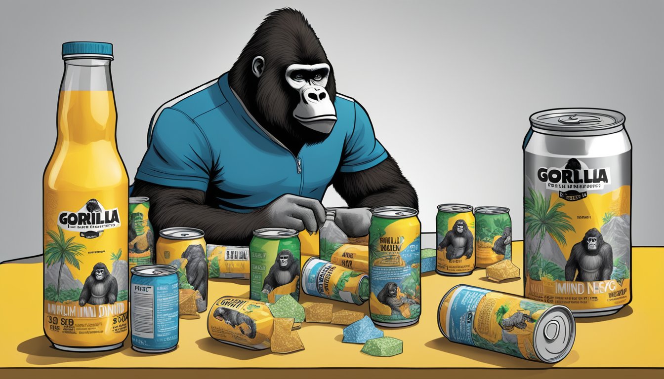 A table with multiple empty cans of Gorilla Mind Energy Drink scattered around, with a concerned person looking at the nutritional information label