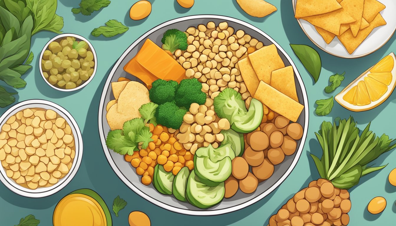 A bowl of Kibo chickpea chips surrounded by various healthy foods on a balanced diet plate