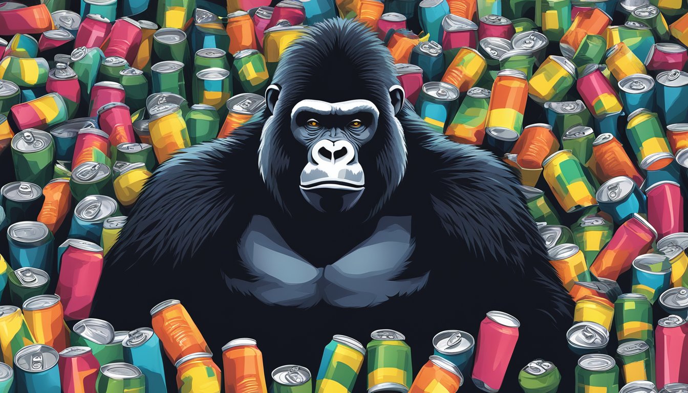 A gorilla surrounded by empty energy drink cans, looking jittery and restless